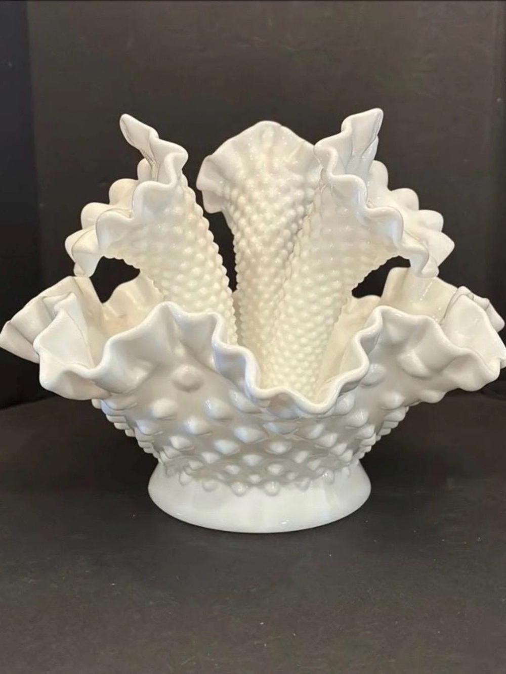 Vintage Fenton Milk Glass Hobnail 4-Piece / 3-Horn Epergne Bowl